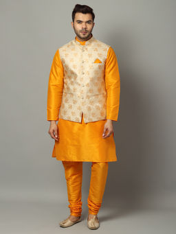 Uri and MacKenzie - Yellow Solid Silk Blend Kurta and Churidar with Nehru Jacket