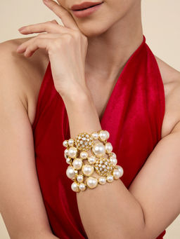 Isharya - White Crystal Ball Pearl Statement Cuff In 18Kt Gold Plated