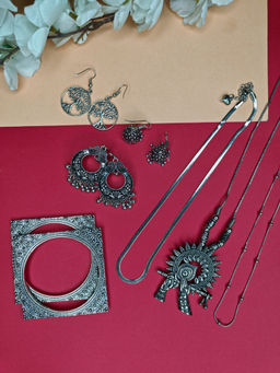 NVR - Silver Plated Oxidised Valentine Special Jewellery Combo Set for Women's