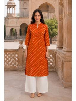 PANCHRANGA - Orange Kesari Leheriya Grace Pintuck Cotton Kurta