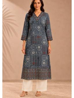 PANCHRANGA - Blue Neel Aabha Hand Ajrakh Cotton Dobby A-Line Kurta