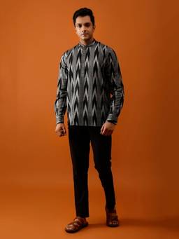 AAVYAM - Black Ikkat Cotton Short Kurta