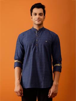 AAVYAM - Navy Blue Full-Sleeve Short Kurta