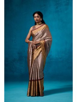 Dressfolk - Handwoven Tissue Maroon Zari Border Saree With Matching Unstitched Blouse
