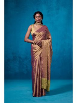 Dressfolk - Handwoven Tissue Maroon Silver Zari Green Saree With Matching Unstitched Blouse