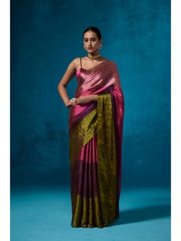 Dressfolk - Handwoven Tissue Pink Purple Green Stripes Saree With Unstitched Blouse