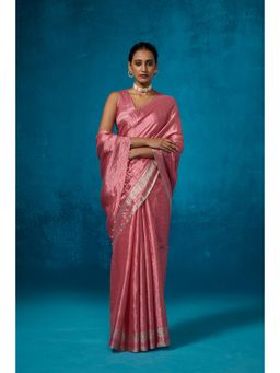 Dressfolk - Handwoven Tissue Pink Base With Silver Border Saree With Matching Unstitched Blouse