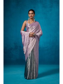 Dressfolk - Handwoven Tissue Silver Base With Lilac And Sea Green Saree With Unstitched Blouse
