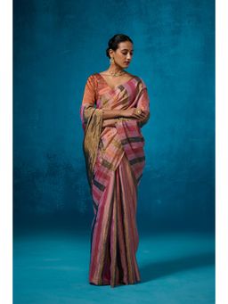 Dressfolk - Handwoven Tissue Multi Color Stripes On Gold Zari Base Saree With Unstitched Blouse