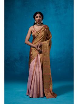 Dressfolk - Handwoven Tissue Gold Zari Base Lilac Rust Stripes Saree With Matching Unstitched Blouse