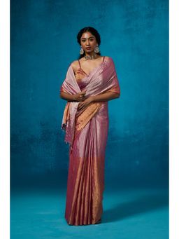 Dressfolk - Handwoven Tissue Gold Zari Base Pink Orange Blocks Saree With Matching Unstitched Blouse