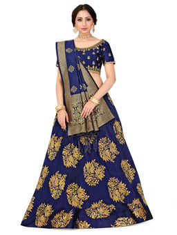Mimosa - Navy Blue Bridal Semi Stitched Blouse Art Silk Wedding Lehenga With Dupatta (Set of 3)