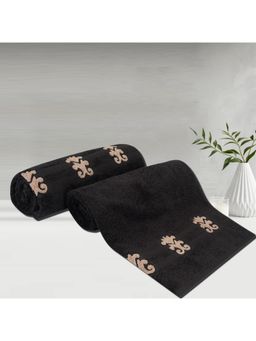 Lush & Beyond - Black Cotton 500 Gsm Embroidered Bath Towel Set of 2 (L)