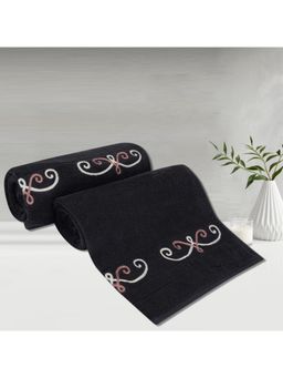 Lush & Beyond - Black Cotton 500 Gsm Embroidered Bath Towel Set of 2 (L)