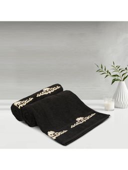 Lush & Beyond - Black Cotton 500 Gsm Embroidered Bath Towel Set of 2 (L)
