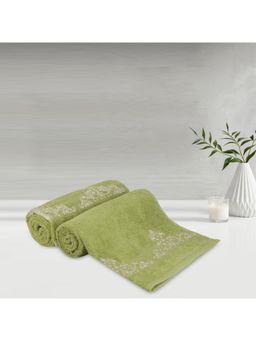 Lush & Beyond - Leaf Green Cotton 500 Gsm Embroidered Bath Towel Set of 2 (L)