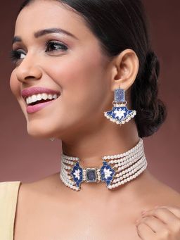 Karatcart - Gold Plated Blue Meena Kundan Choker Necklace With Earrings