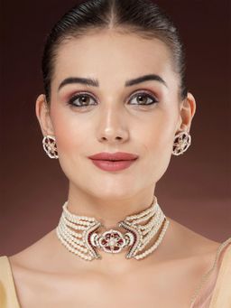 Karatcart - Red Meena Floral Design Pearl Choker Necklace With Earrings