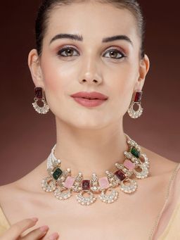 Karatcart - Gold Plated Multicolor Carved Stone Necklace With Earrings