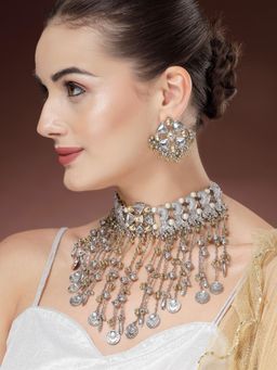 Karatcart - Antique Silver and Gold Plated Peacock Choker Necklace With Earrings