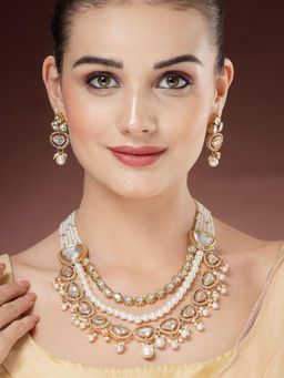 Karatcart - Polki Kundan Drop Pearl Design Rani Haar Necklace With Earrings