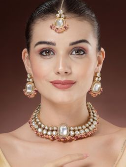 Karatcart - Pink and Purple Crystal Polki Kundan Necklace With Earrings