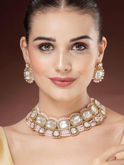 Karatcart - Baby Pink Crystal Polki Kundan Necklace With Earrings