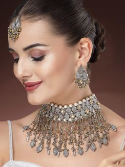 Karatcart - Antique Silver and Gold Plated Choker Necklace With Earrings & Maangtika