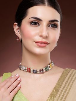 Karatcart - Ethnic Multicolor Kundan Choker Necklace With Earrings