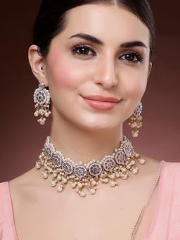 Karatcart - Gold Plated Pink and Grey Meena Kundan Choker Necklace With Earrings