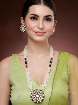 Karatcart - Green Beads Polki Kundan Long Rani Haar Necklace With Earrings