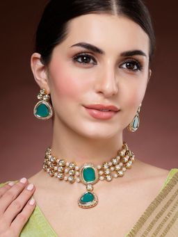 Karatcart - Green Polki Kundan Choker Necklace With Earrings