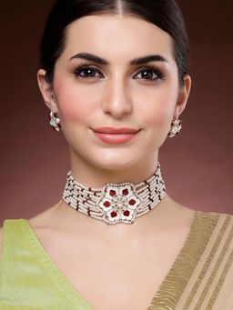 Karatcart - White and Red Beaded Minakari Choker Necklace With Earrings