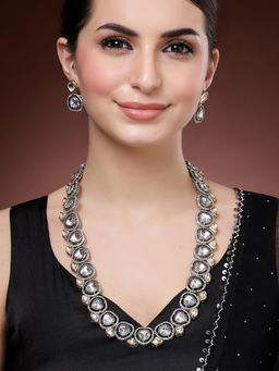Karatcart - Antique Silver and Gold Plated Kundan Rani Haar Necklace With Earrings