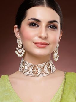 Karatcart - White Minakari Kundan Choker Necklace With Earrings