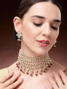Karatcart - Ethnic Pearl Chain Beaded Red Beads Kundan Choker Necklace With Earrings