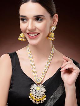 Karatcart - Yellow Beads and Pearl Studded Kundan Rani Haar Necklace With Earrings