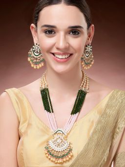 Karatcart - Green and Pink Crystal Rani Haar Necklace With Earrings