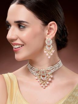 Karatcart - Gold Plated Pink Beads Kundan Choker Necklace With Earrings