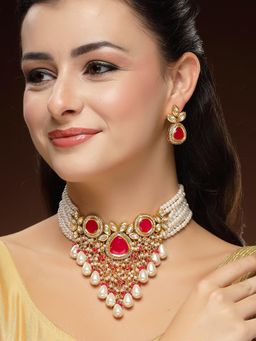 Karatcart - Elegant Gold-Plated Red Polki Kundan Choker Necklace With Earrings