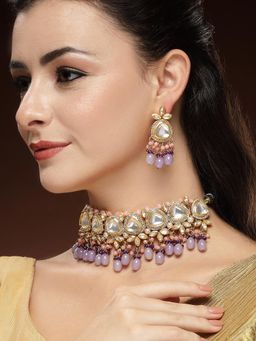 Karatcart - Traditional Polki Kundan Gold-Plated Purple and Pink Choker Necklace With Earrings