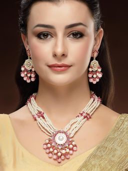 Karatcart - Traditional Gold-Plated Pink Beads and Red Crystal Rani Haar Necklace With Earrings