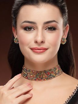 Karatcart - Designer Handmade Multicolor Crystal Choker Necklace With Earrings