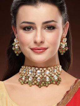 Karatcart - Traditional Gold Plated Polki Kundan Crystal Choker Necklace With Earrings