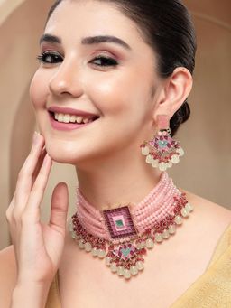 Karatcart - Gold-Plated Beaded Minakari Kundan Choker Necklace With Earrings