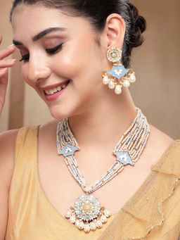 Karatcart - Designer Gold-Plated Blue Minakari Pearl Kundan Necklace With Earrings