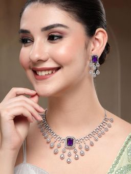 Karatcart - Dazzling Purple Square American Diamond Silver-Plated Necklace With Earrings