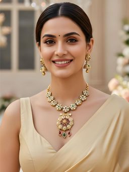 Karatcart - Traditional Gold-Plated Multicolor Stone Floral Design Necklace With Earrings