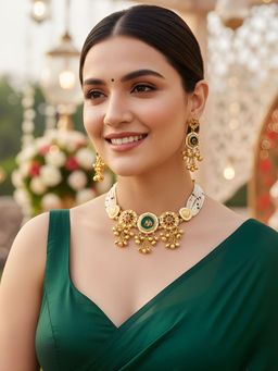 Karatcart - Elegant Pearl Beaded Ethnic Gold-Plated Choker Necklace With Earrings