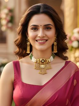 Karatcart - Radiant Red and Green Minakari Eye Design Gold-Plated Choker Necklace With Earrings